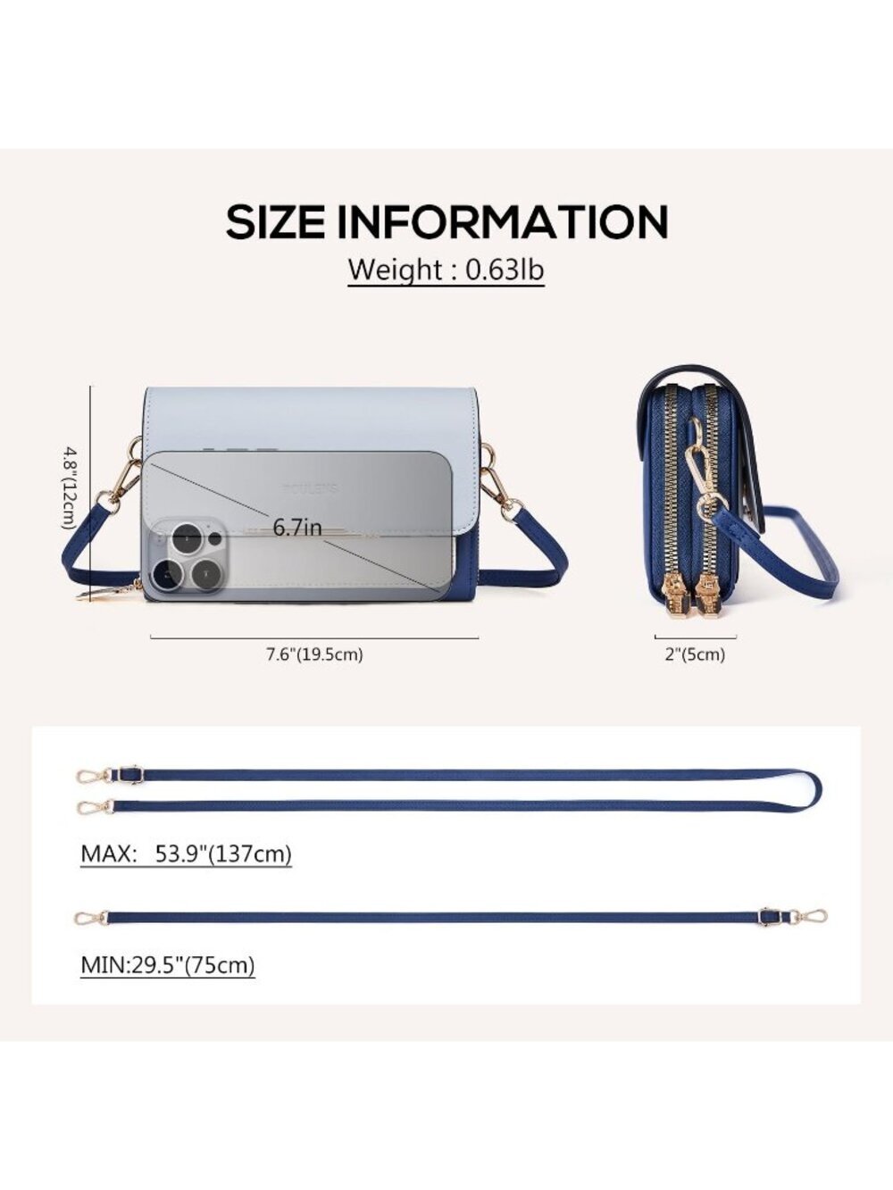 Women's Navy/Light Blue Leather Crossbody Bag Cell Phone Wallet Shoulder Purse - Picture 6 of 6